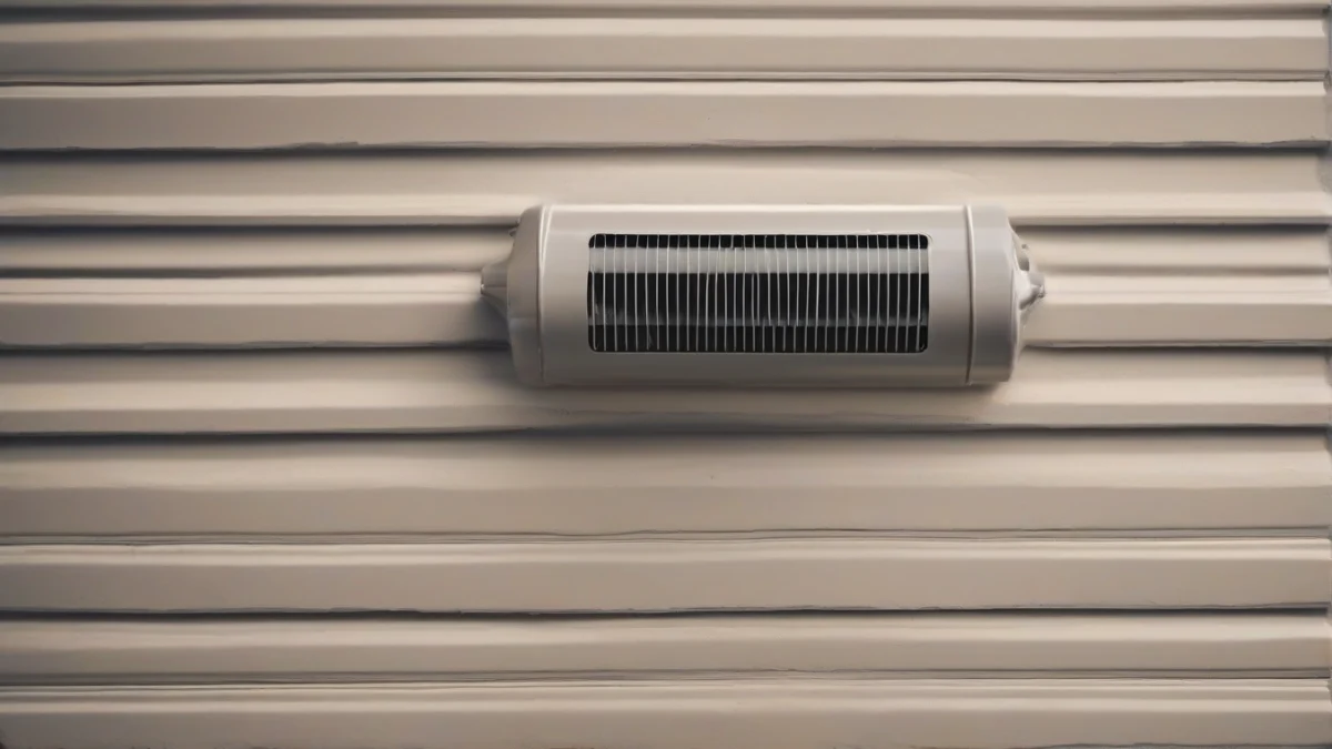 The exhaust vent of a diesel garage heater properly vented outside.