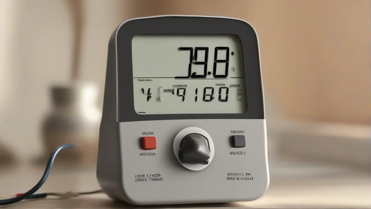 A digital wattage meter displaying energy consumption near an electric fireplace.