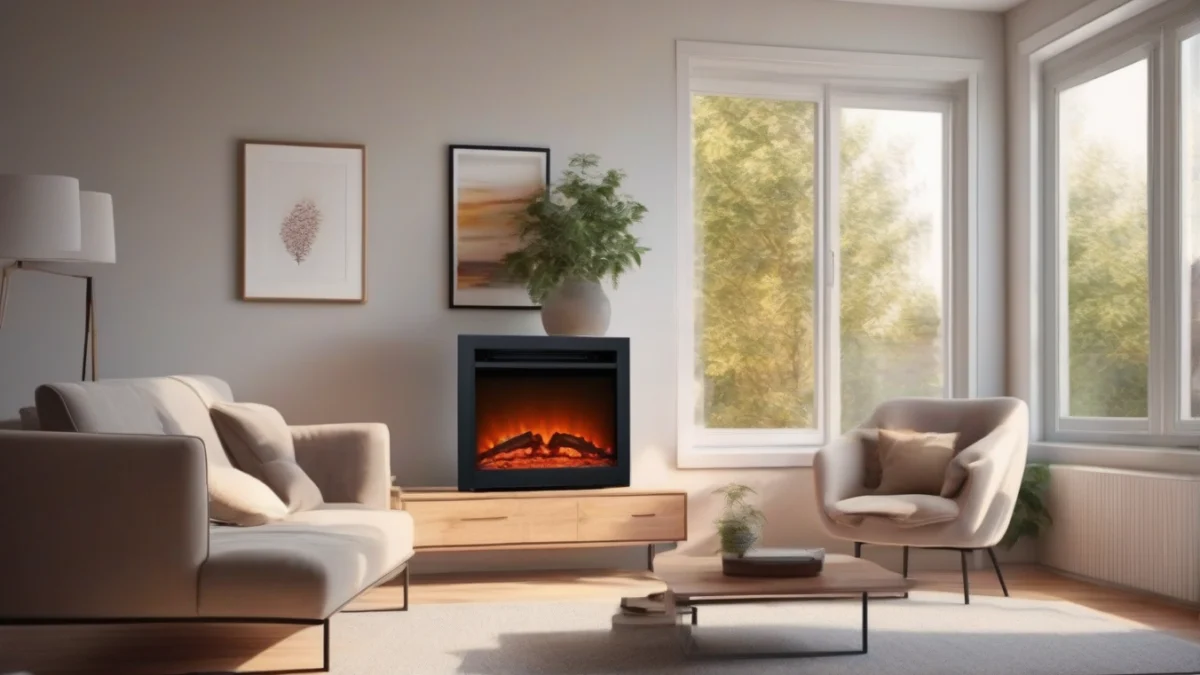 A sleek electric fireplace mounted on a wall with ambient lighting.
