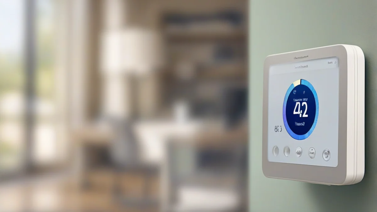 A smart thermostat displaying temperature settings on a wall