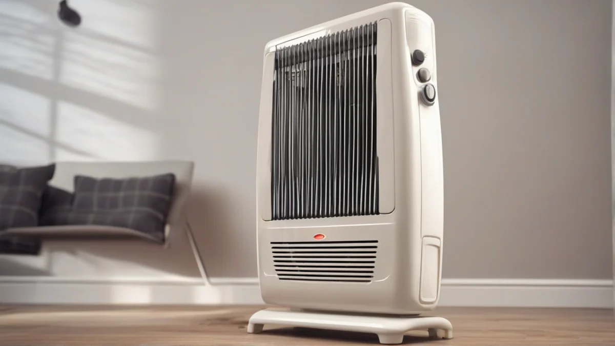 A modern electric heater with visible safety features in a cozy room setting.