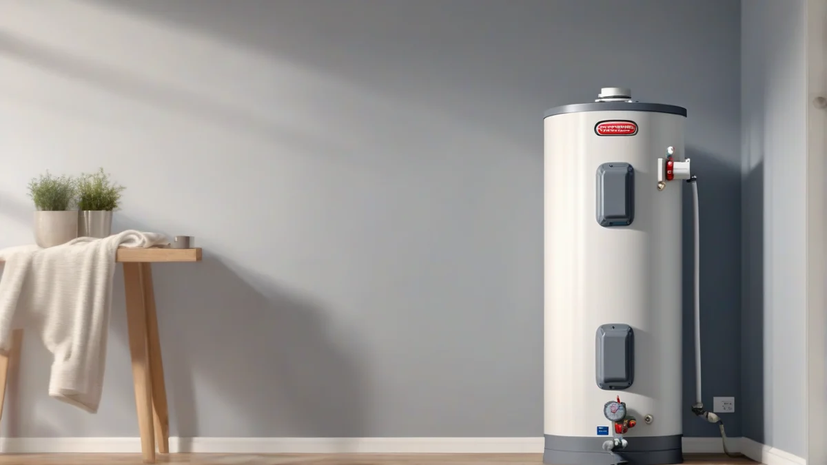 A 50 gallon electric water heater installed in a utility room.
