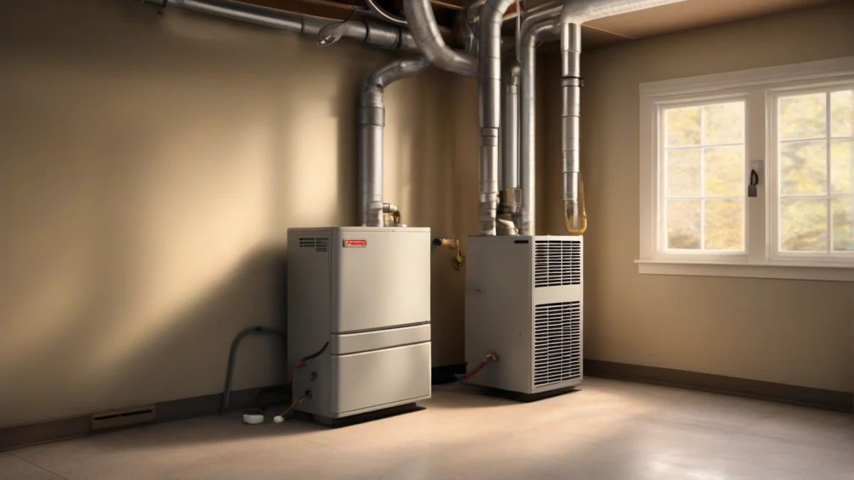 A modern high-efficiency gas furnace installed in a basement.