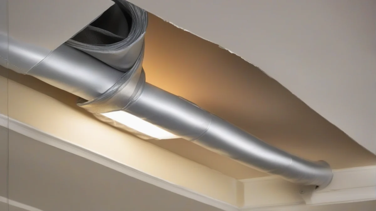 A flexible HVAC duct attached to an air register in a ceiling.
