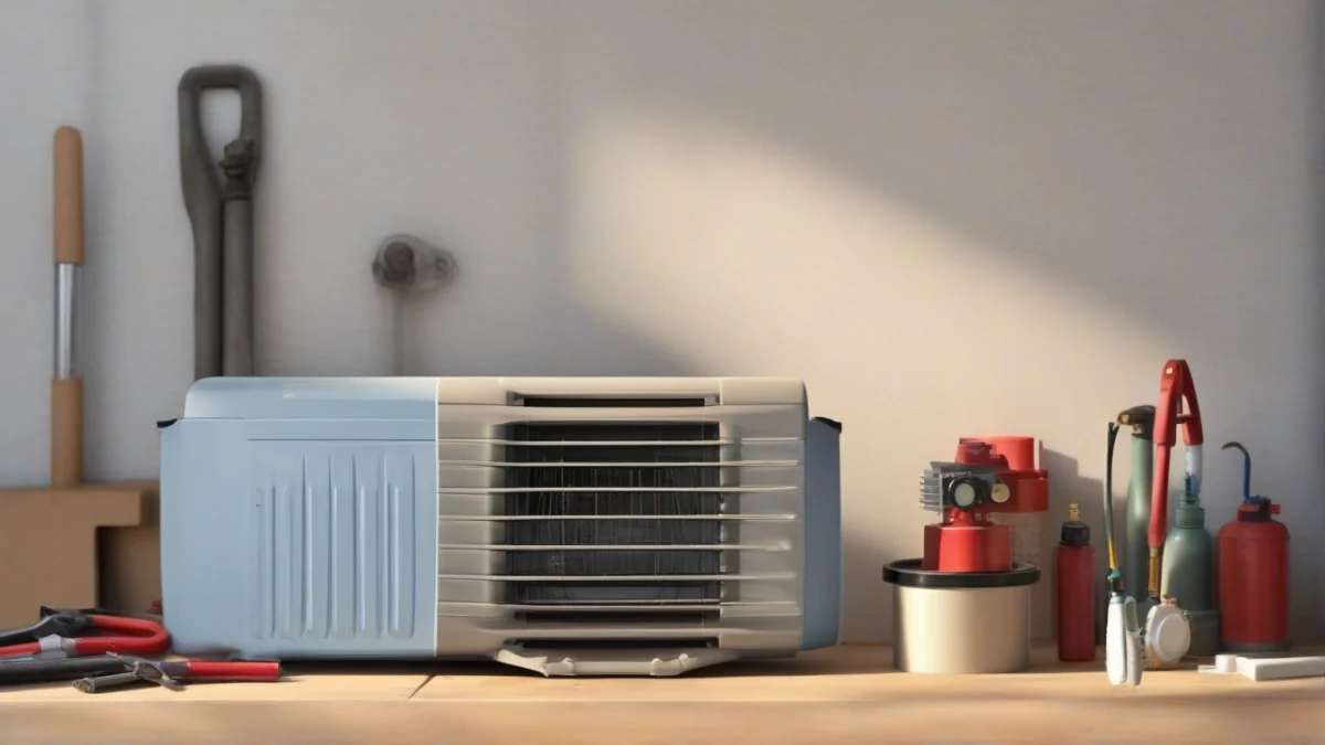 A gas heater installation manual laying on a workbench.