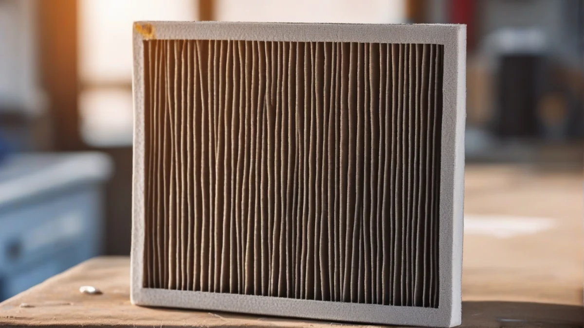 a close-up of a dirty air filter covered in dust