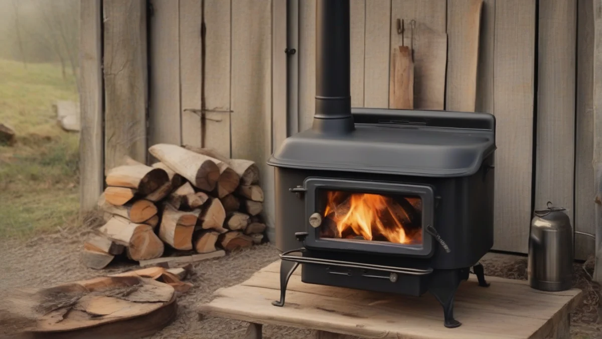 A Guide Gear wood stove set up in a camping area
