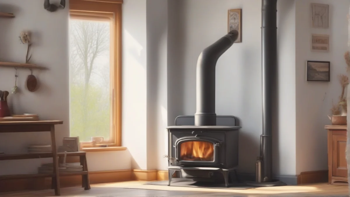 A wood stove with a metal chimney pipe set up indoors.