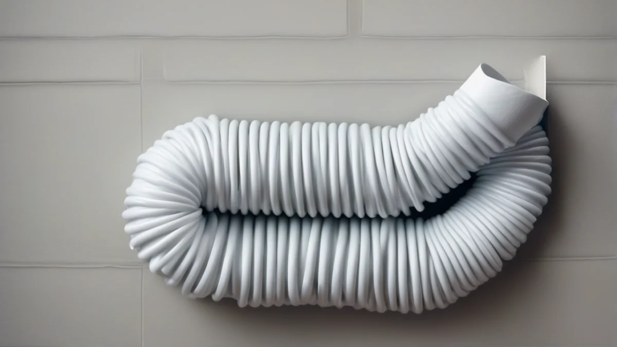 Flexible ducting connecting a pellet stove to a wall vent.