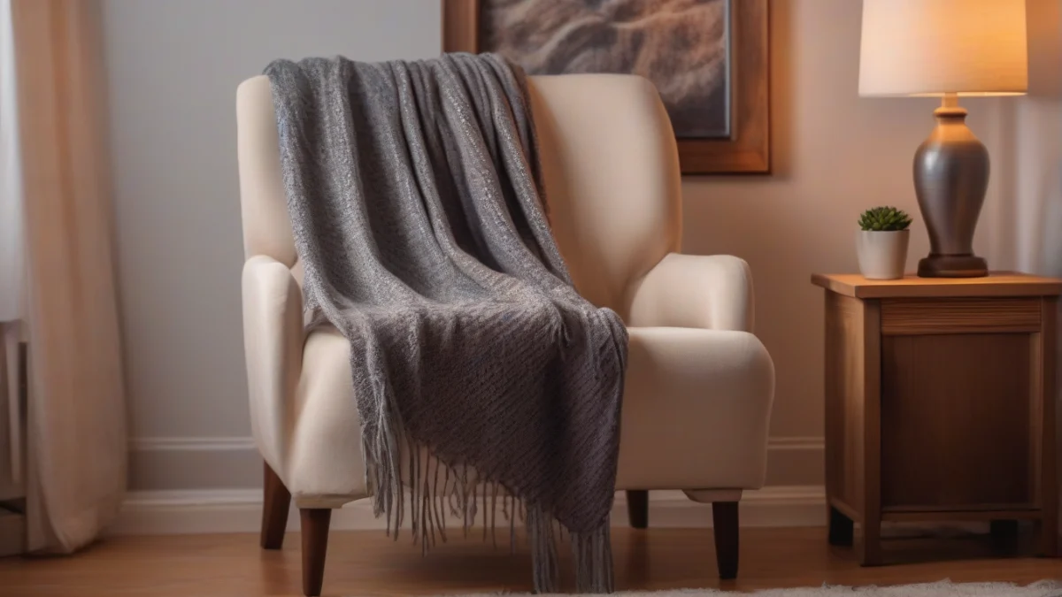 A heated shawl casually placed on a chair in a warm room.