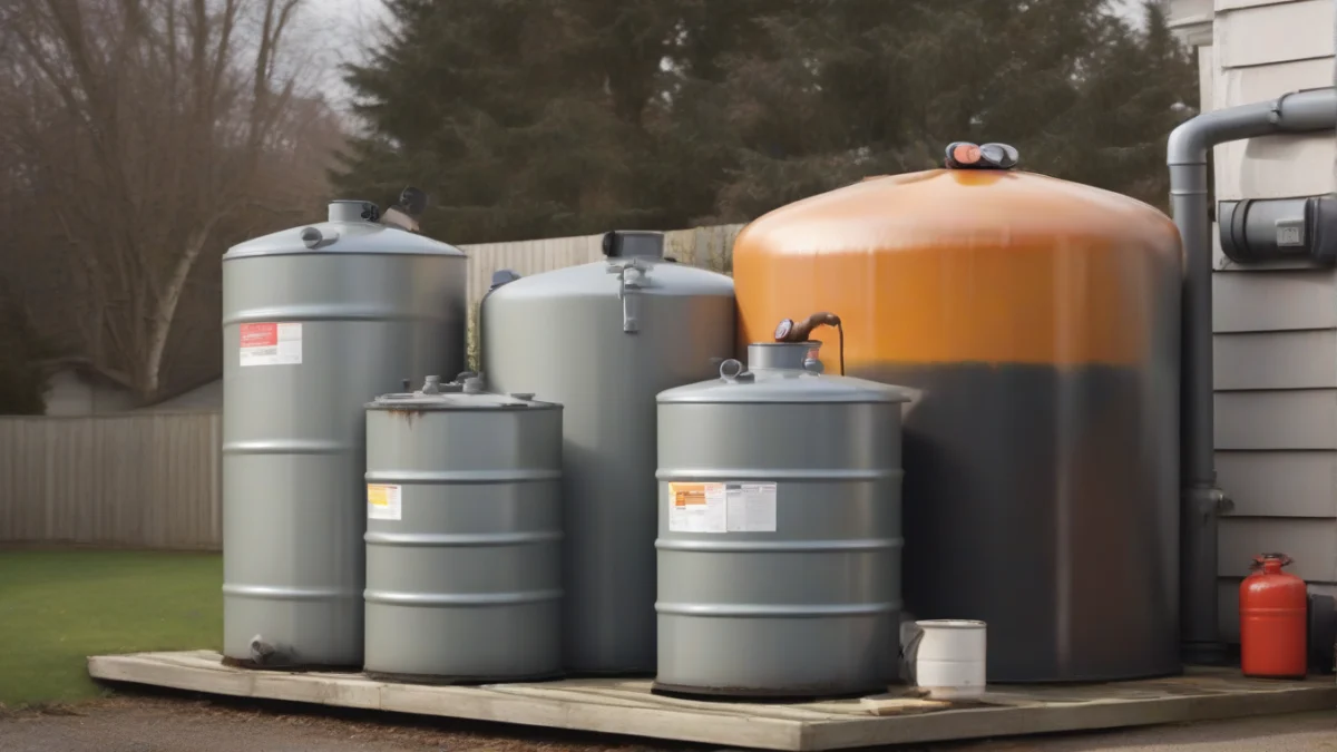 A large tank of heating oil in an outdoor storage area