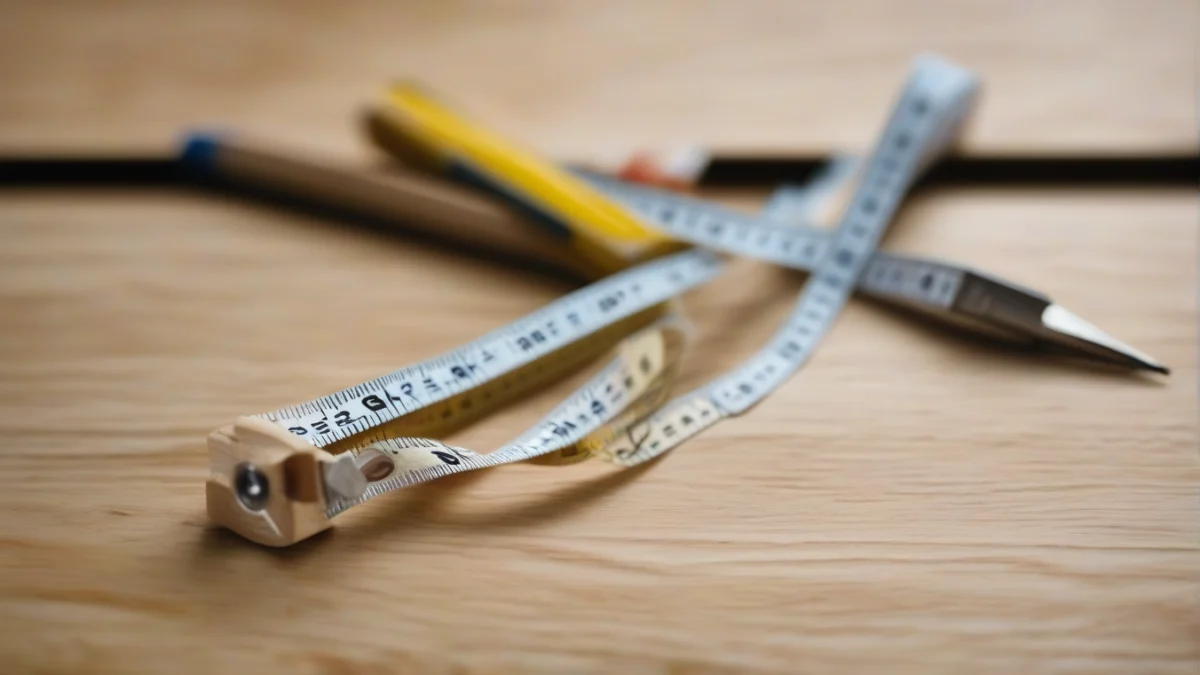 A measuring tape and pencil laid out on a wooden table.