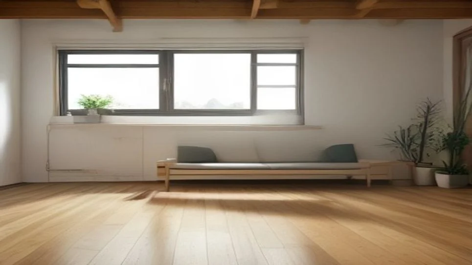 Hydronic radiant floor heating pipes installed beneath wooden floorboards.