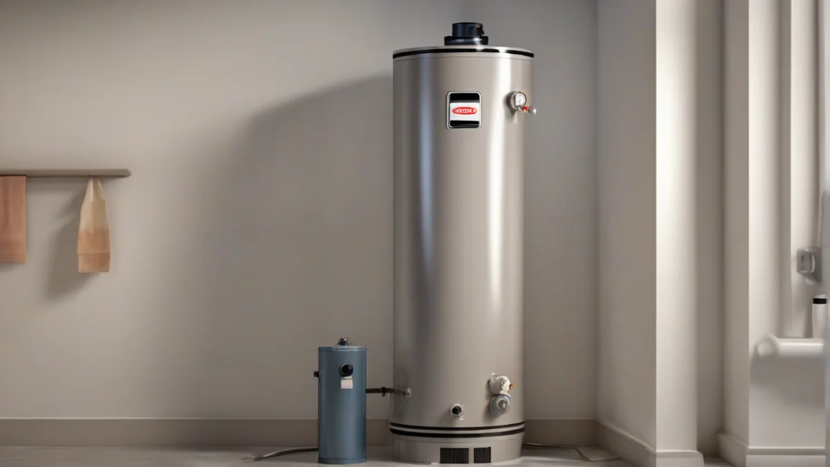 A high-efficiency gas water heater installed in a utility space.