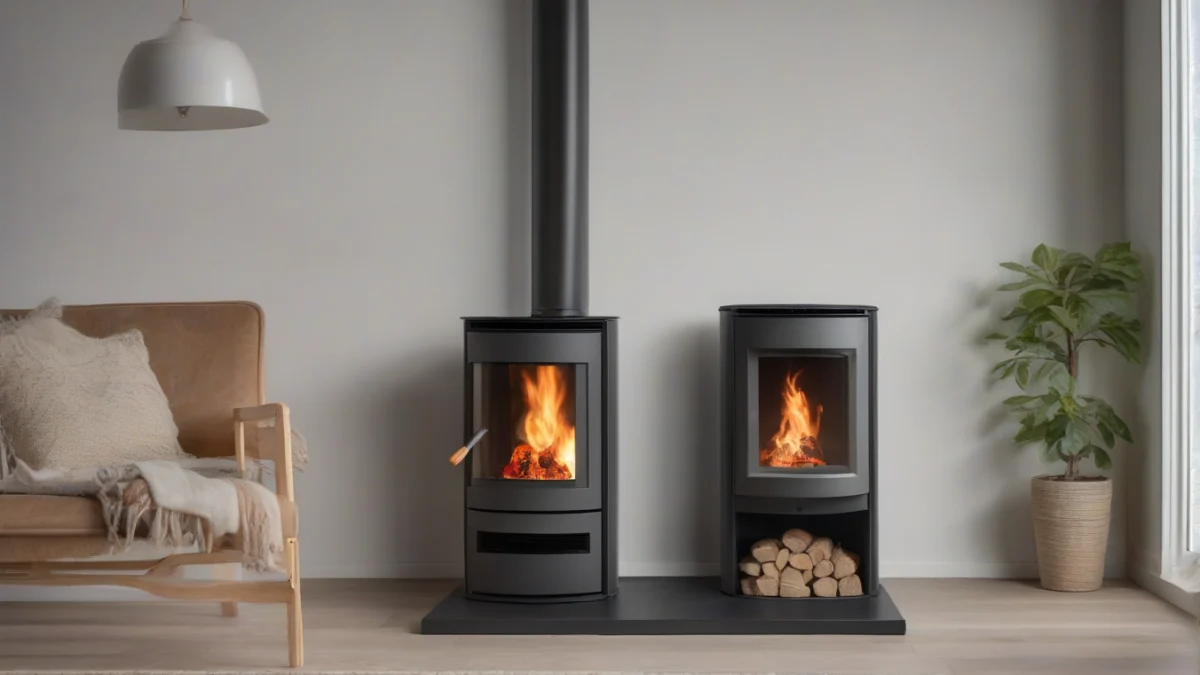 Hori 5 pellet stove with wood pellets beside it