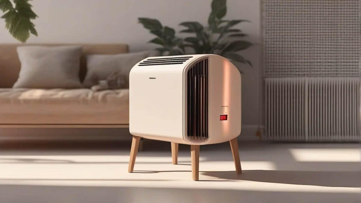 A stylish infrared portable heater emitting radiant heat in a cozy room