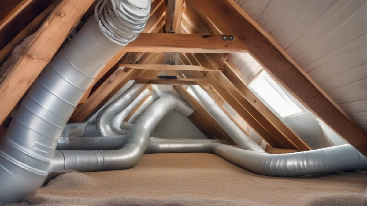 exposed HVAC ducts with insulation in a home attic