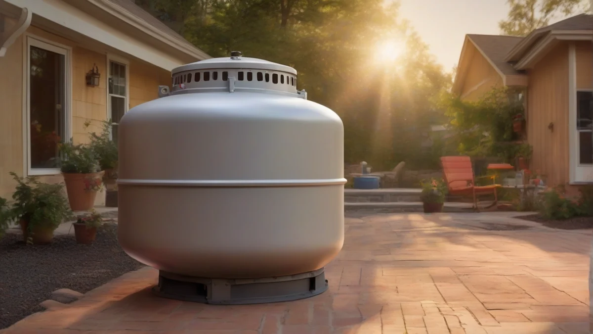 A 100 lb propane tank standing upright in an outdoor setting.