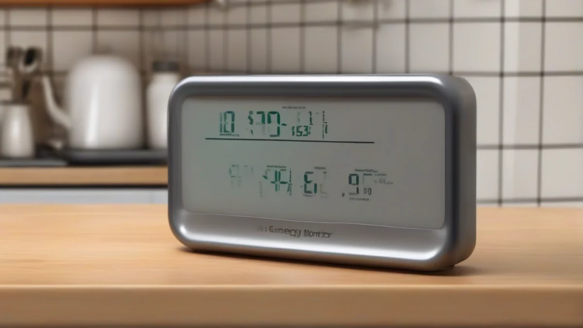 A digital energy monitor displaying energy usage near home appliances.