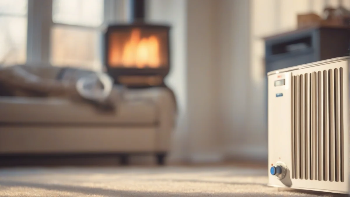 A propane heater unit placed safely in a living room corner.