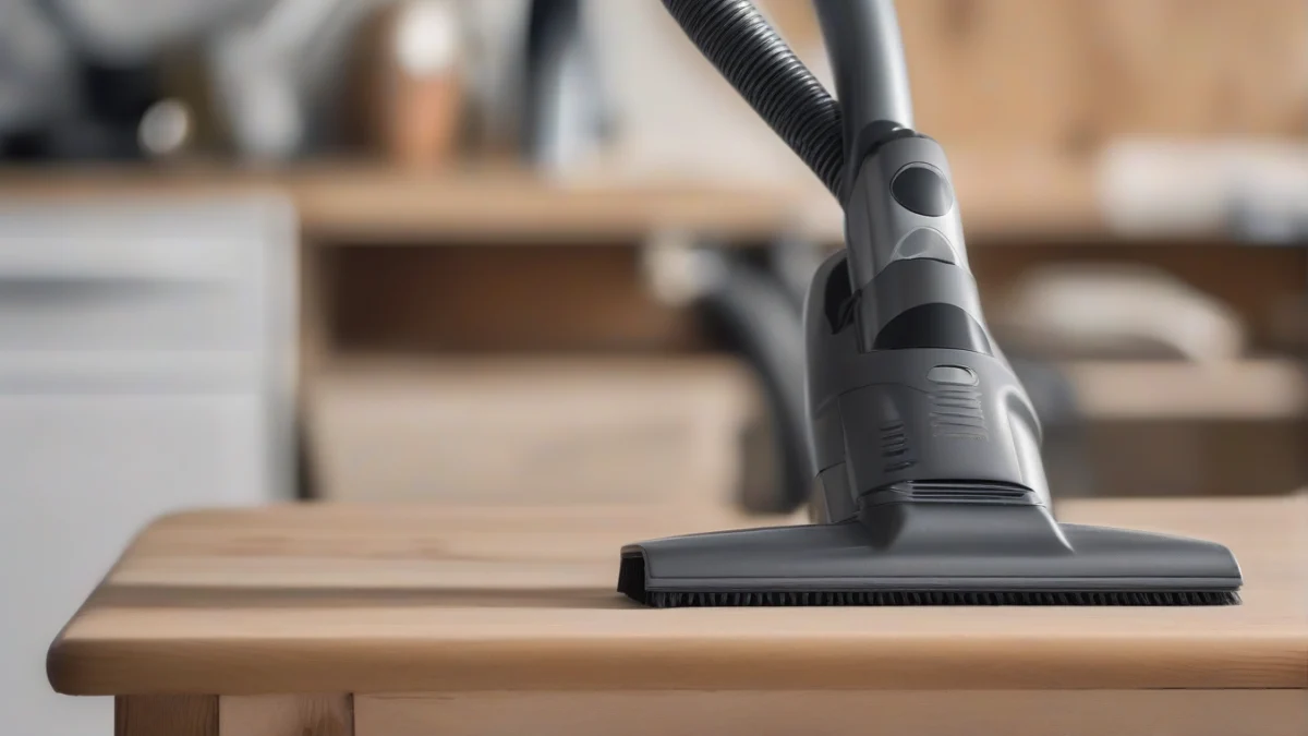 A soft-bristle vacuum attachment on a wooden workshop table.
