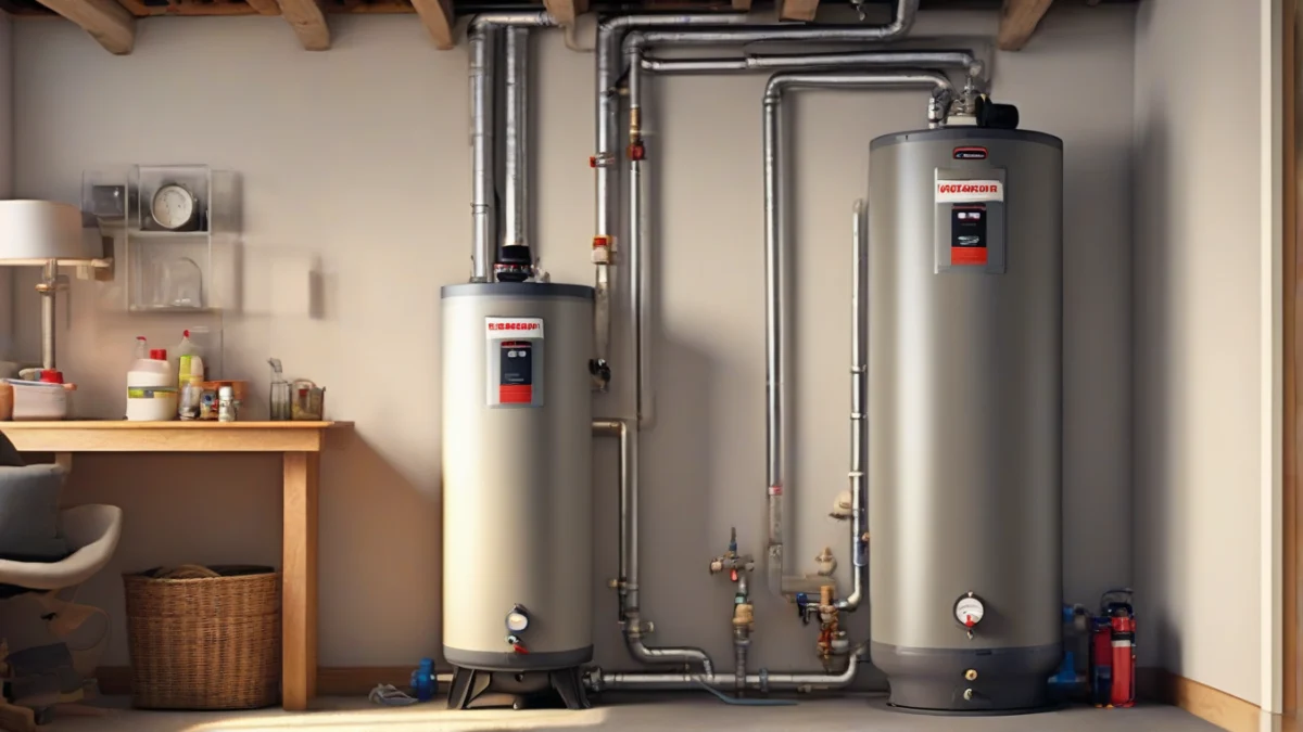 An inline water heater with visible plumbing and ventilation.