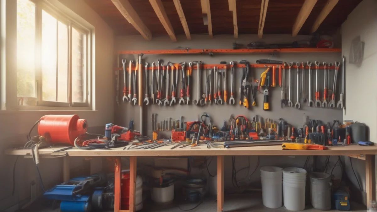 Various tools including a PEX cutter, manifold, and tubing