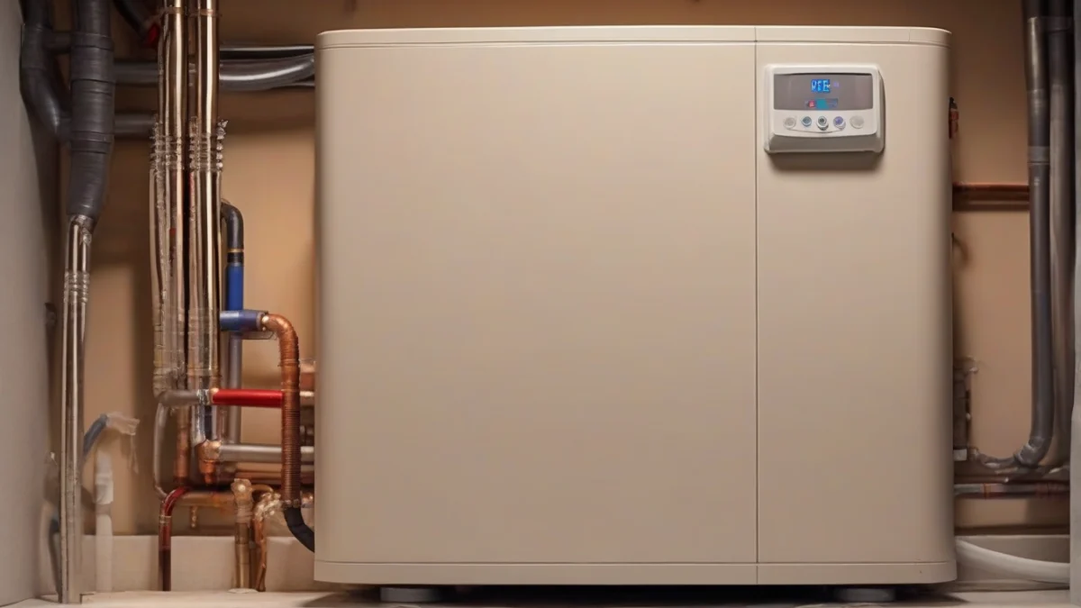 A geothermal heat pump unit installed in a basement.