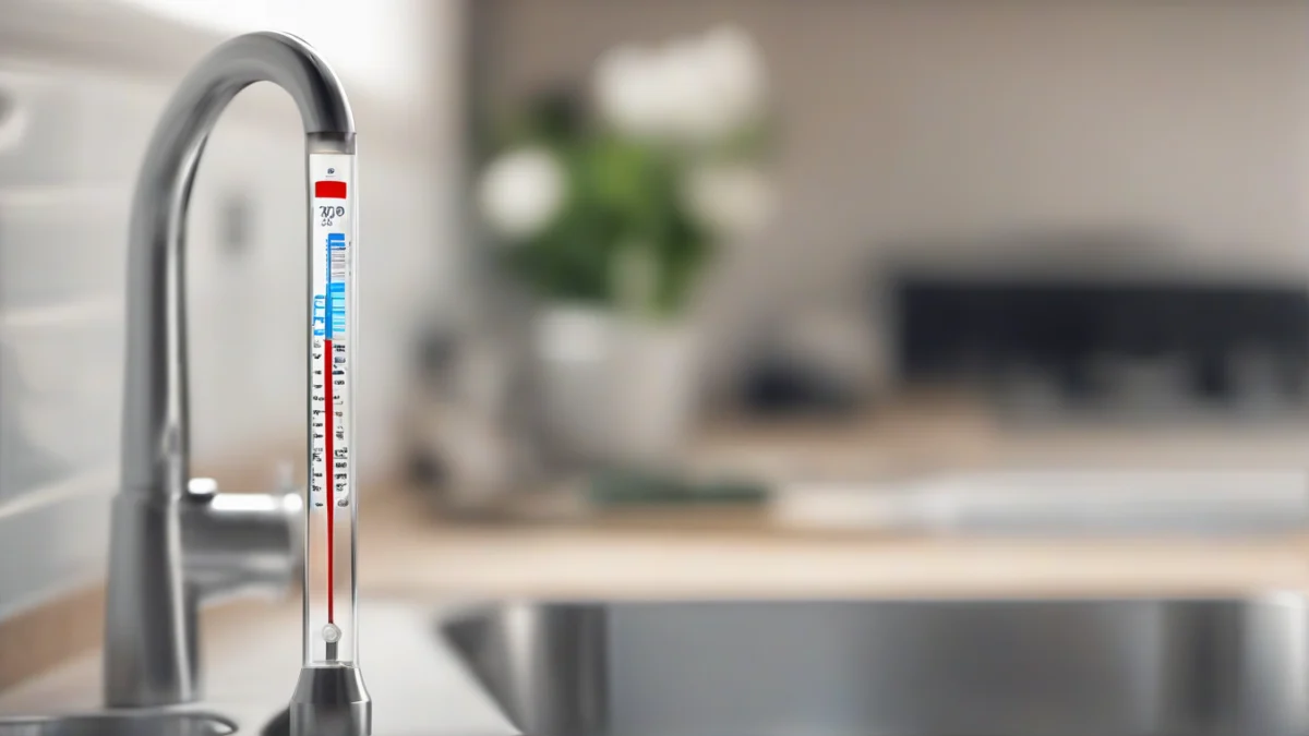 A digital thermometer submerged in running hot water from the tap.