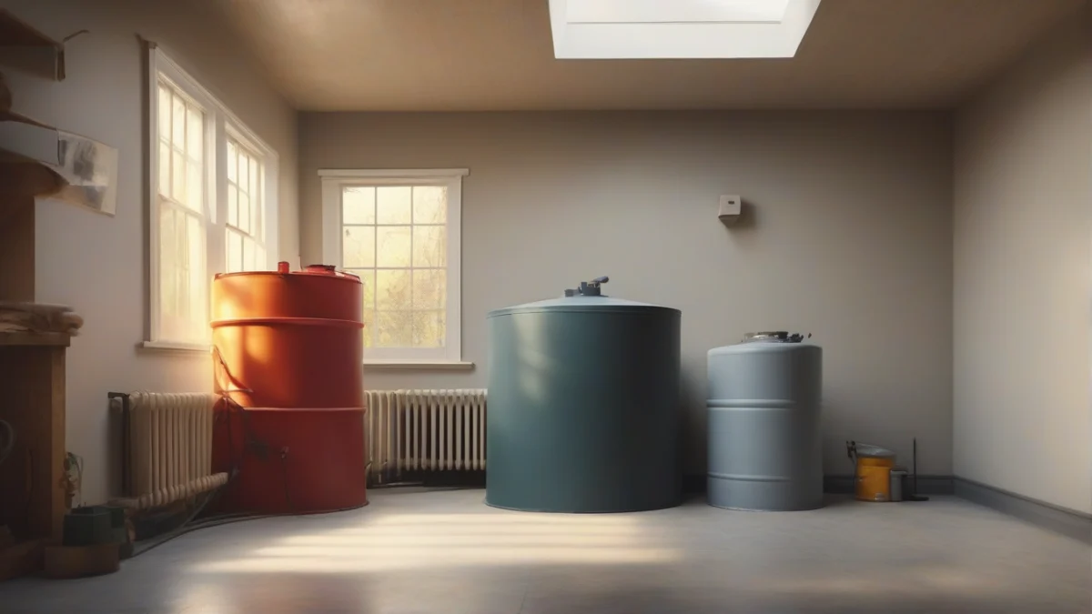 A large residential oil tank with a gauge in a basement corner