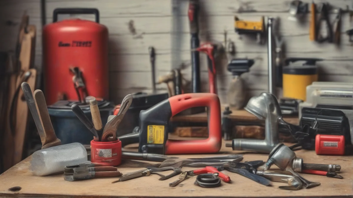 Various tools including screwdrivers and wrenches for heater maintenance.