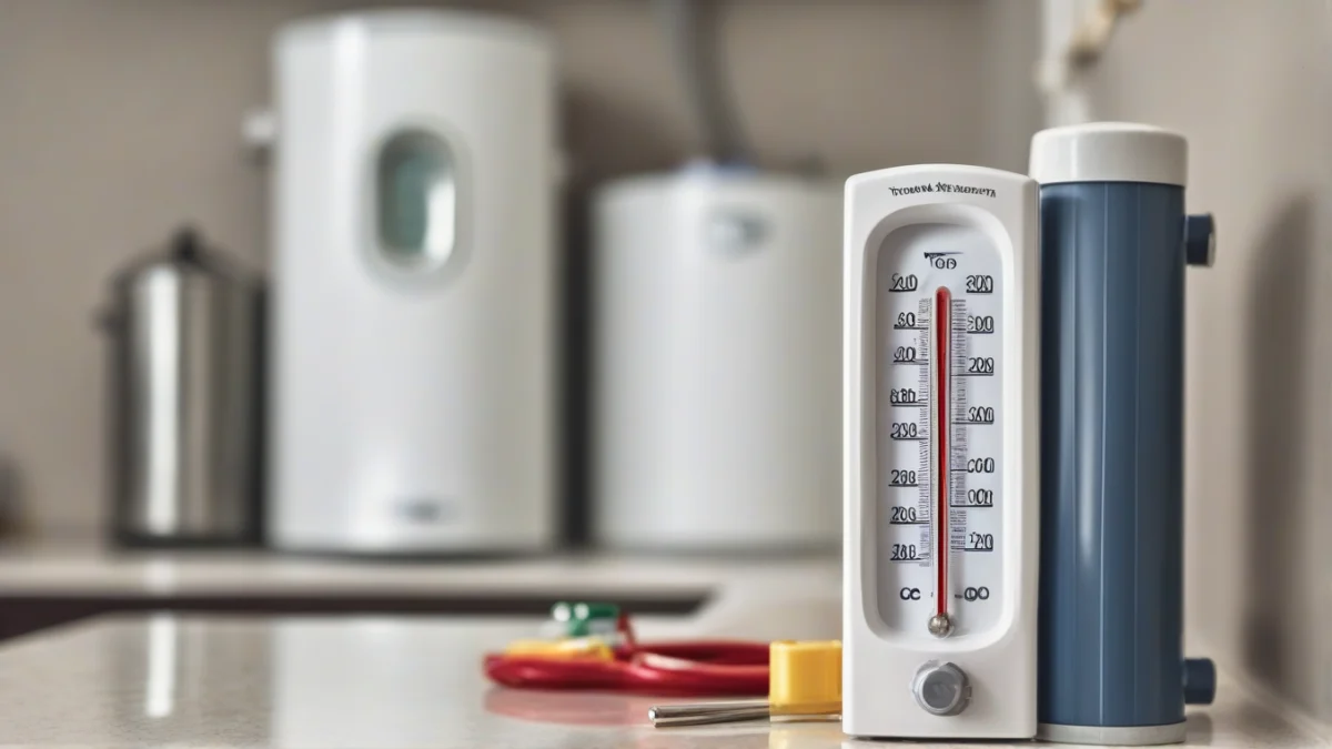 a digital thermometer placed beside a tankless hot water heater