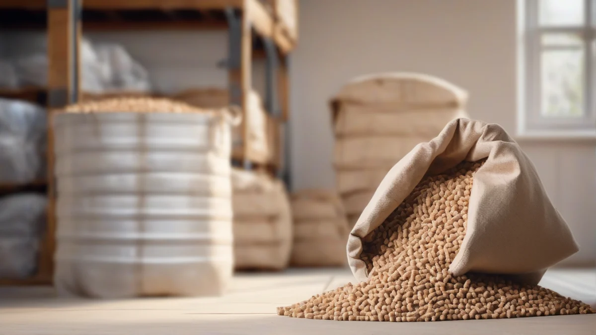 A bag of wood pellets ready for use in heating systems.