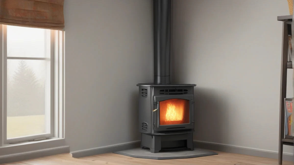 A pellet stove furnace add-on unit installed in a living room.
