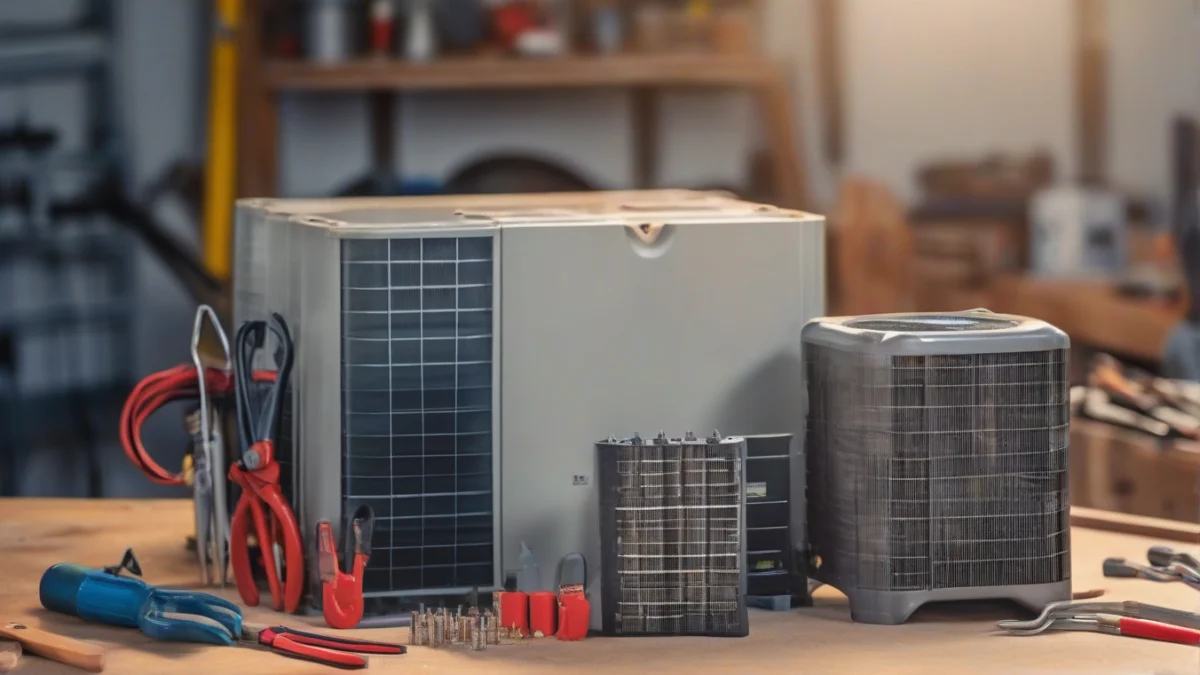 A close-up of a heat pump capacitor on a workbench.