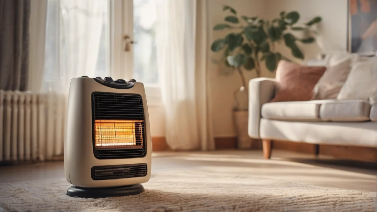 A portable gas heater positioned safely in a room with open windows
