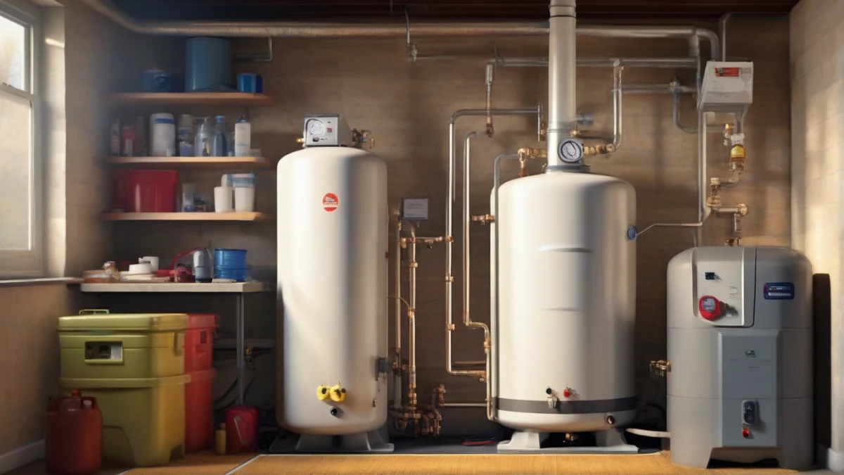 A propane boiler unit installed in a basement, showcasing its structure.