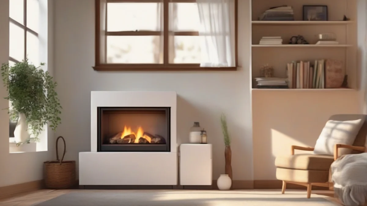 A modern propane fireplace with flames visible inside.