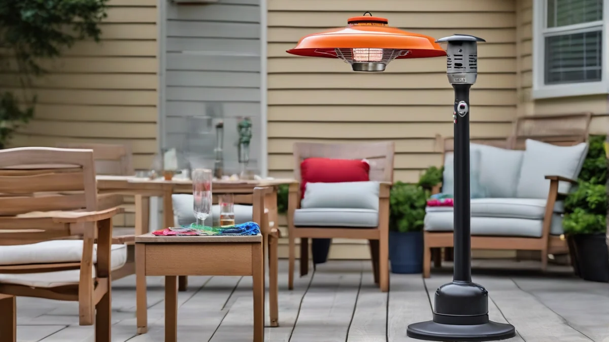 A propane patio heater stands on a patio surrounded by chairs.