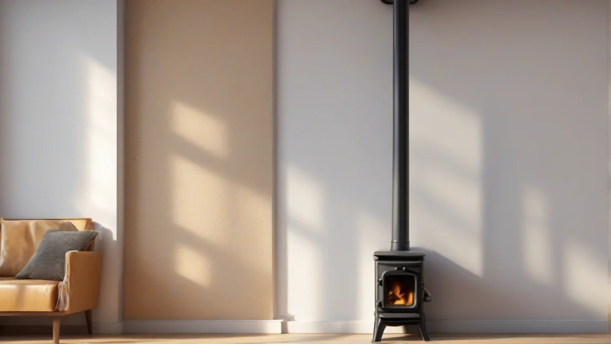 A wood stove pipe safely vented through a wall with proper clearance