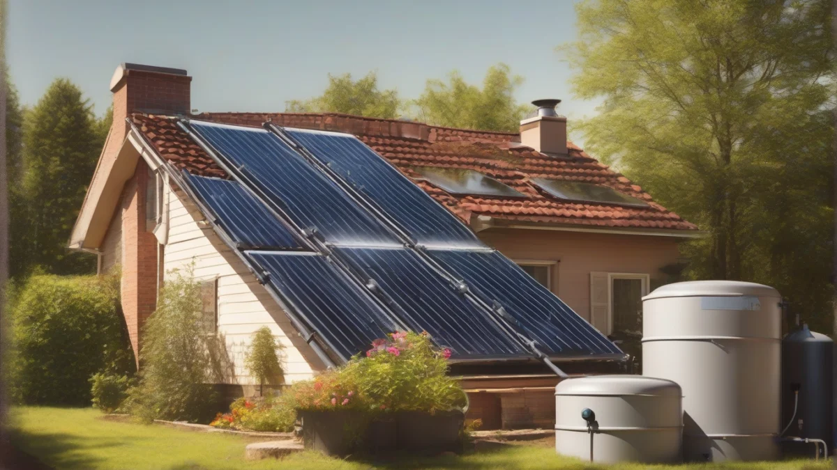 A solar water heating system with storage tank in a garden.