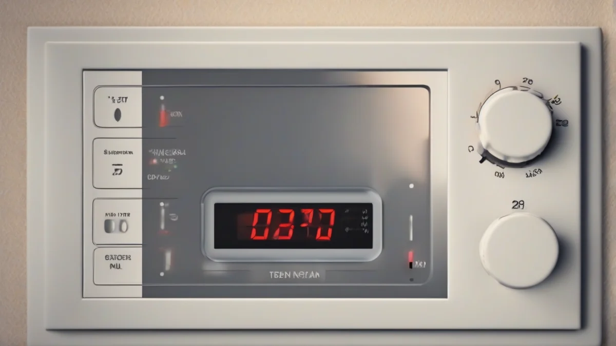 A digital temperature control panel on a tankless water heater.