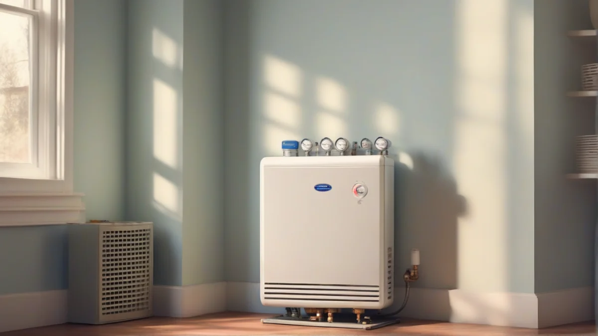 A tankless water heater mounted on a wall in a utility room.