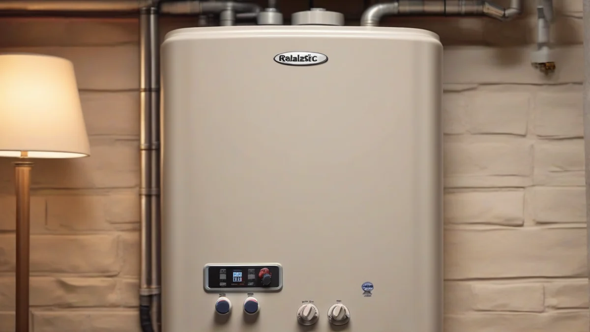 A natural gas tankless water heater installed in a home setting.