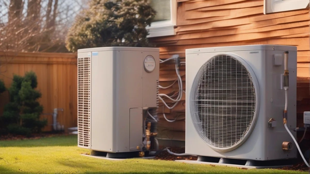 A heat pump unit positioned in a sunny backyard, ideal for cooling.