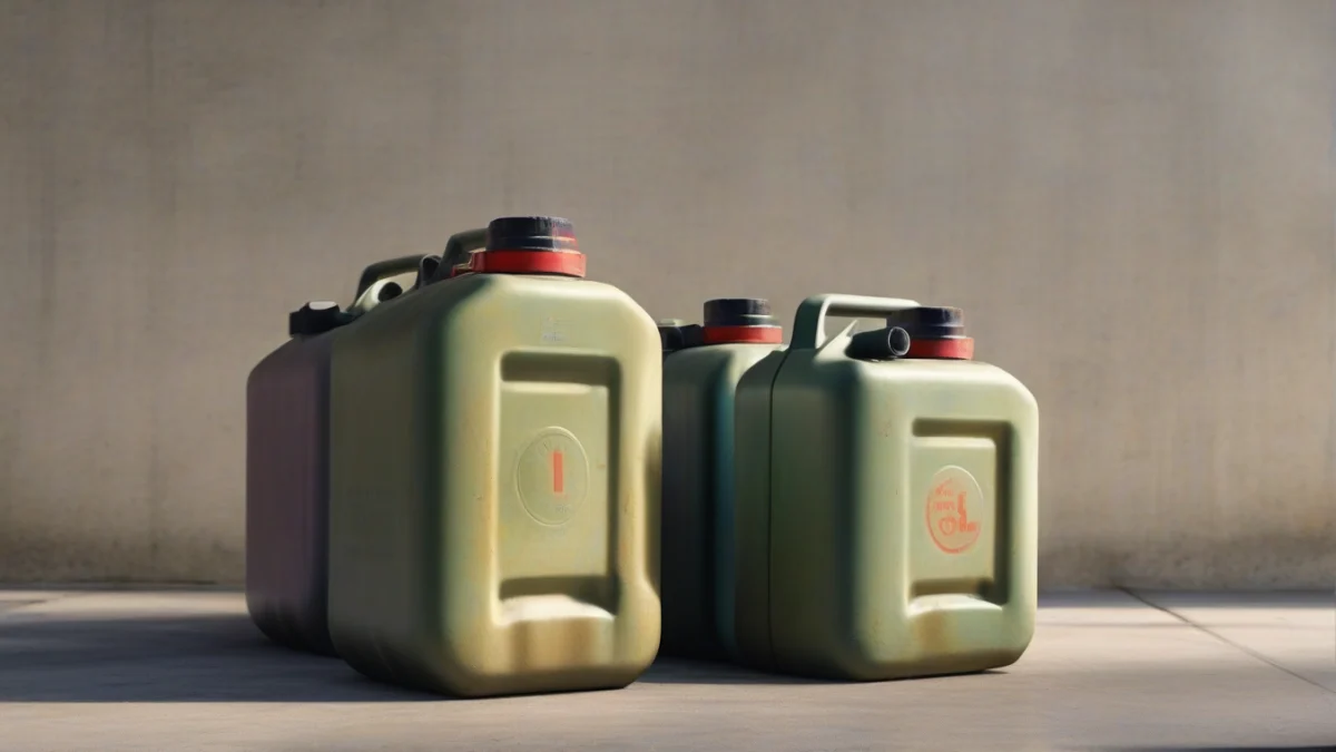 A red diesel fuel canister placed on a garage floor.