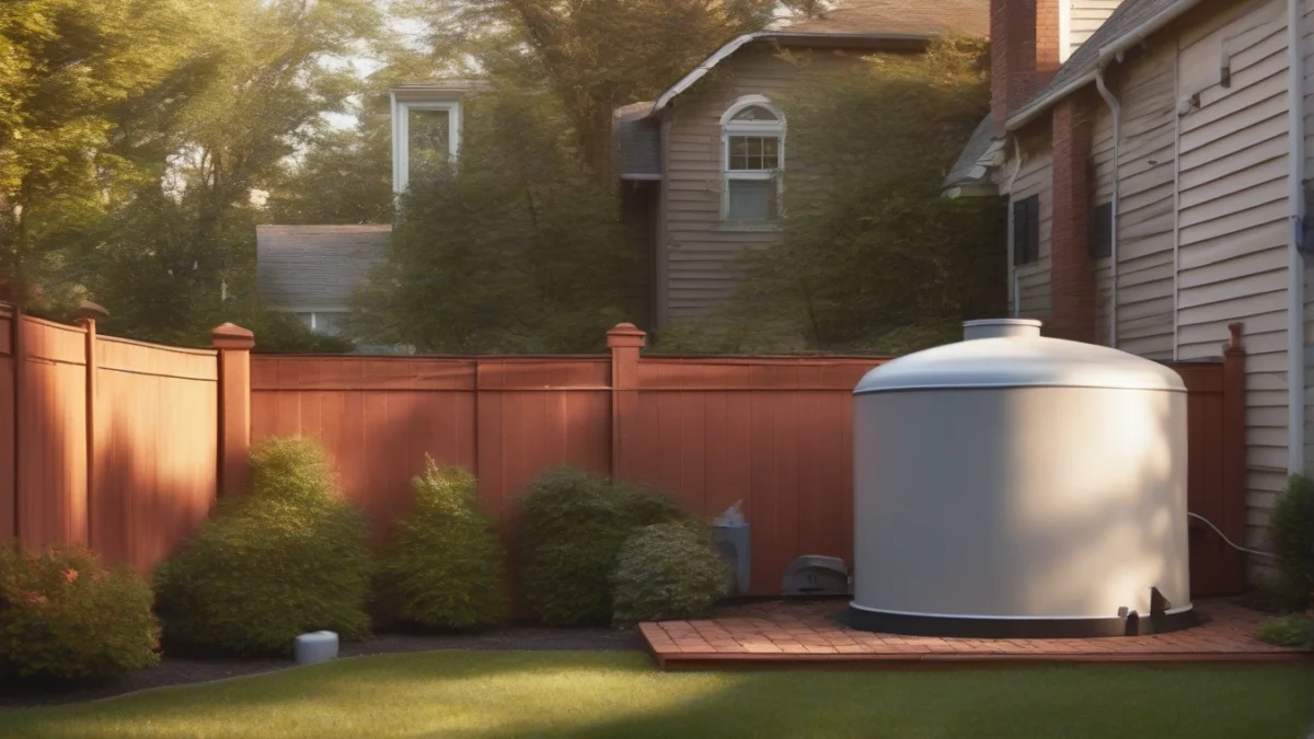 A large, cylindrical home heating oil tank in a backyard.