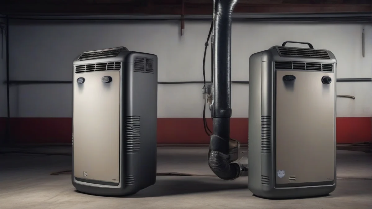 two diesel heaters positioned in a garage, exhaust pipes visible