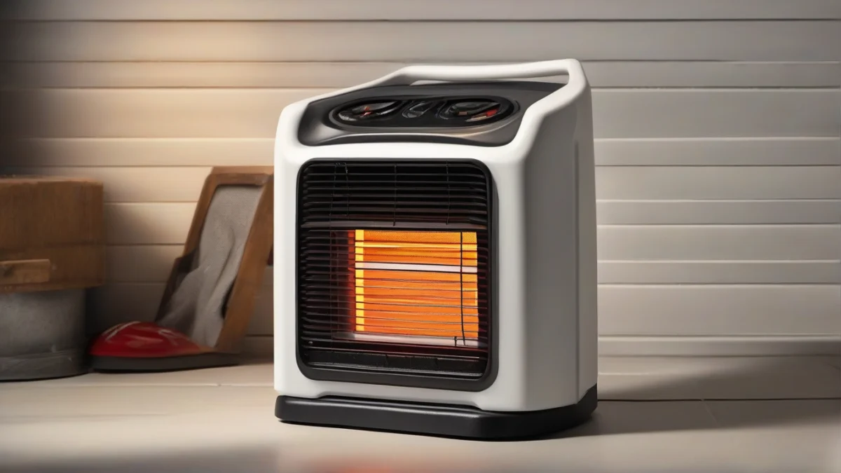 A Vesta heater displaying its safety features in a garage environment.