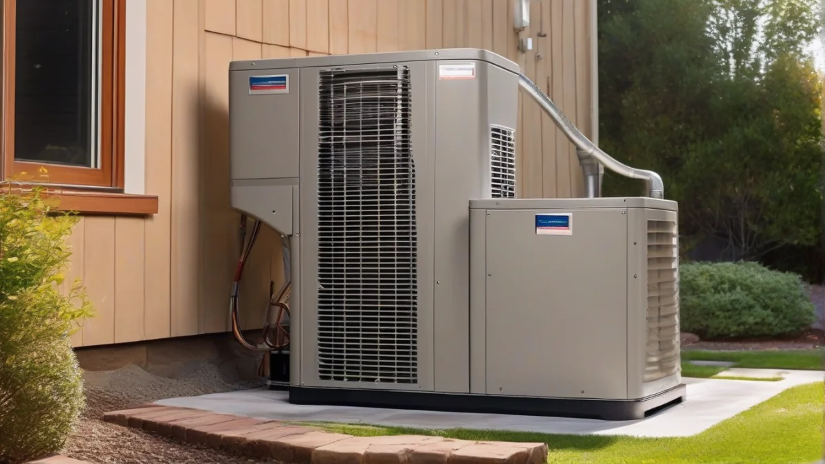 A geothermal heat pump unit installed in a backyard setting.
